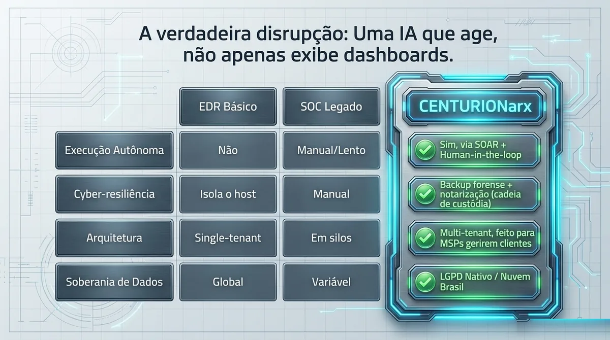 Comparativo: EDR básico e SOC legado vs CENTURIONarx — execução autônoma, cyber-resiliência, multi-tenant e soberania de dados