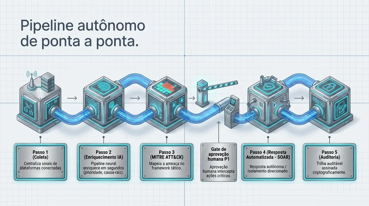 Pipeline autônomo CENTURIONarx de ponta a ponta: coleta, enriquecimento por IA, MITRE ATT&CK, gate de aprovação humana, resposta SOAR e auditoria